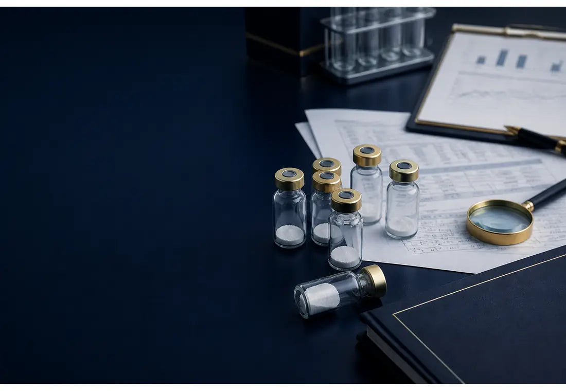 Research peptide vials with batch documentation package visual for SULAN landing page